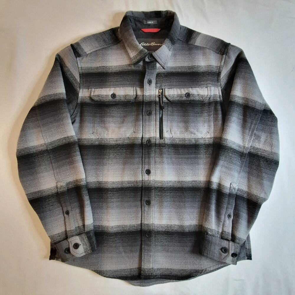 Eddie Bauer Mountain Ops Mens Large Flannel Shacket Gray Plaid Classic Fit